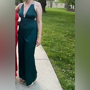 Green Satin Halter Evening Jumpsuit- Lulu’s